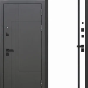 SMART4 9см Металл/МДФ умные двери Муар RAL 7024 без блесток /Эмалит белый - черное стекло лакобель